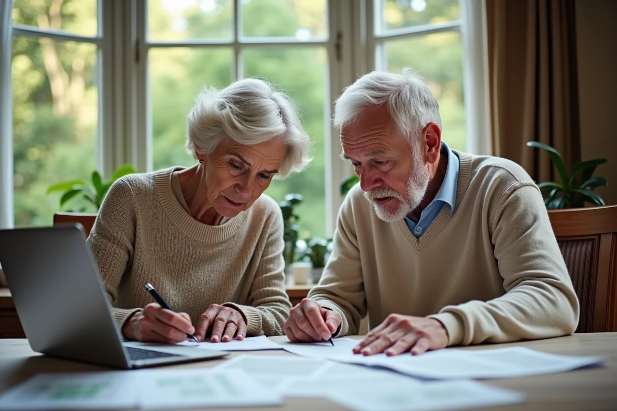 Couple senior examinant des documents dans leur maison chaleureuse