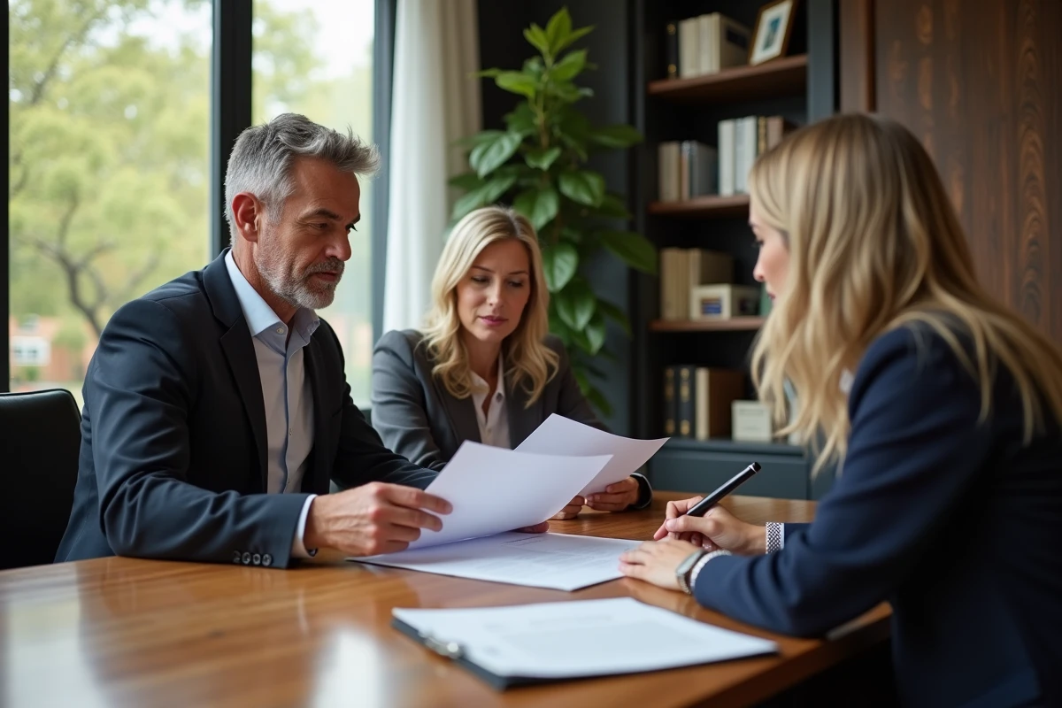 Couple en réunion avec notaire dans un bureau moderne