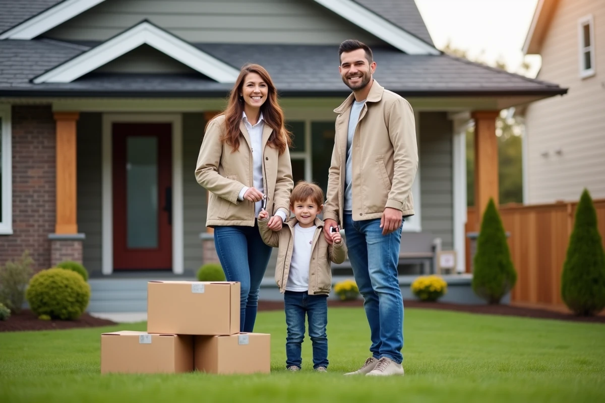 Famille posant devant leur nouvelle maison dans le quartier