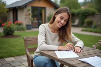 Jeune femme souriante vérifiant des contrats de location dans le jardin