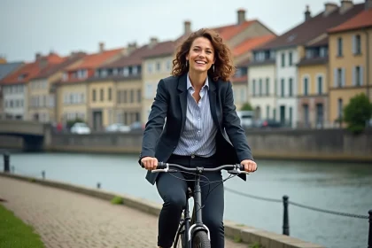 Jeune femme à vélo sur le quai de la Nive à Bayonne