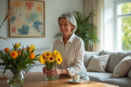 Femme arrangeant des fleurs dans un salon lumineux