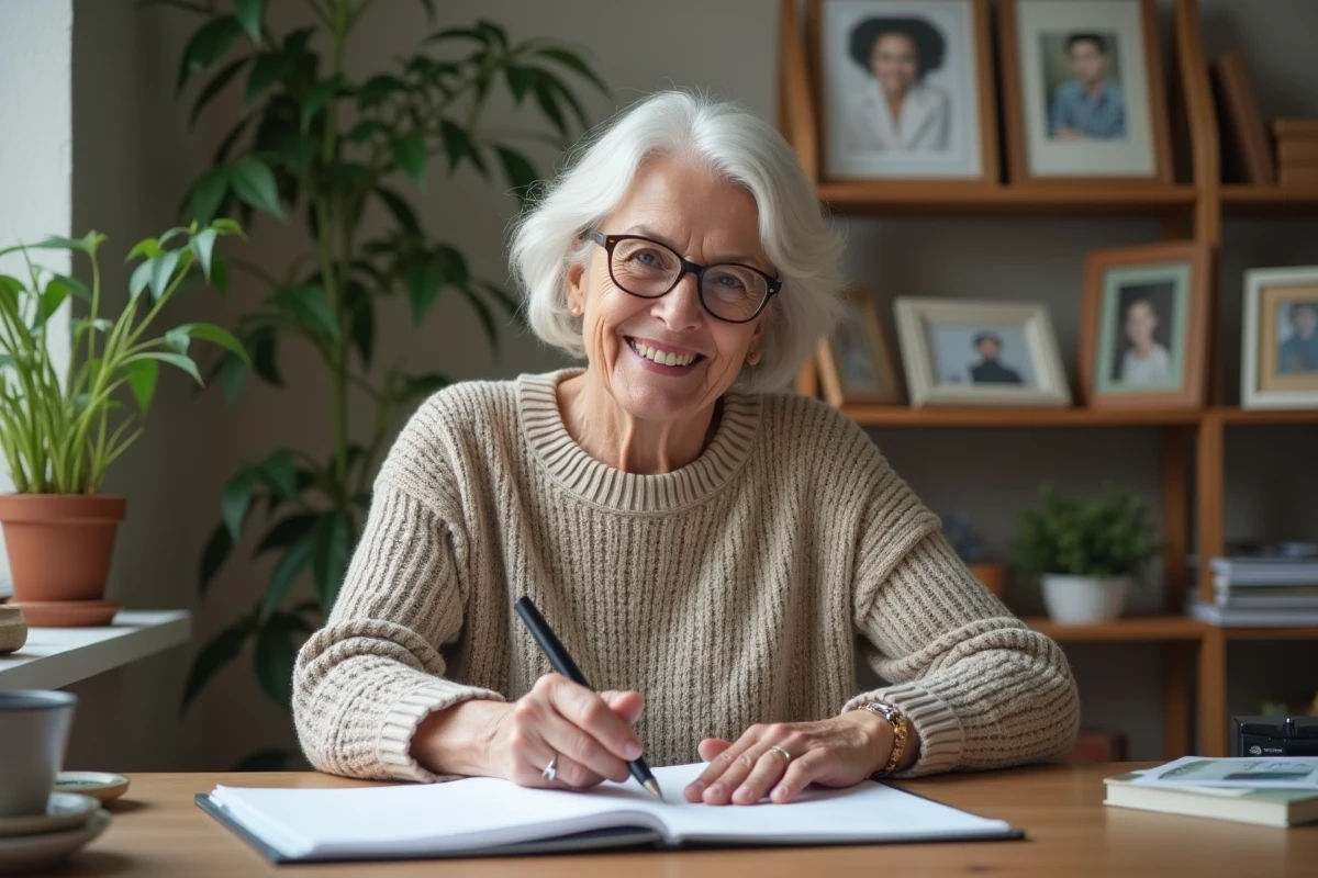 Femme retraitée remplissant des papiers à son bureau