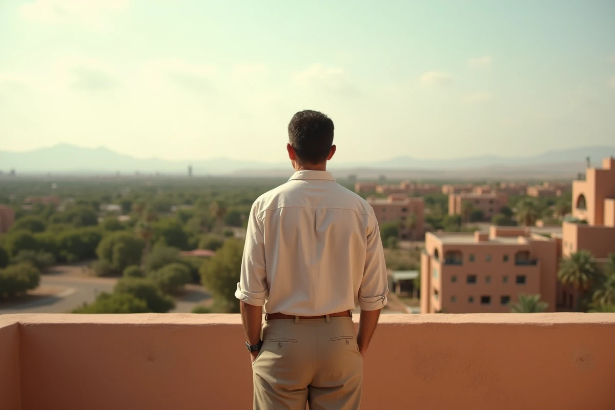 Homme sur un balcon avec vue sur Marrakech et lAtlas