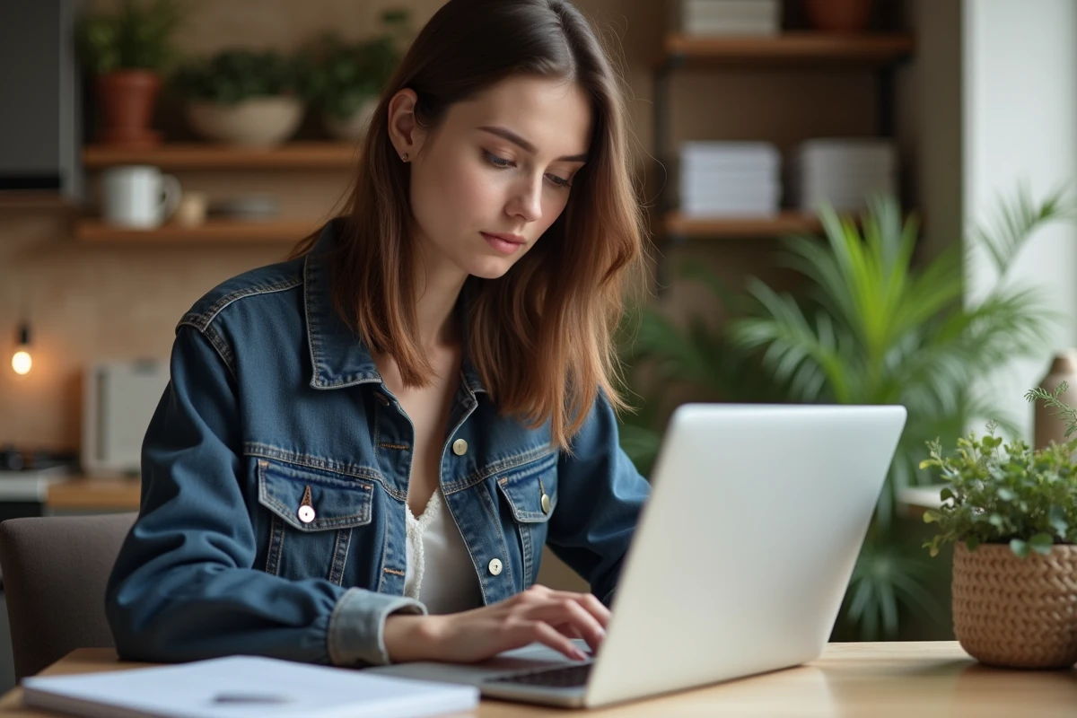 Jeune femme utilisant un ordinateur portable dans sa cuisine