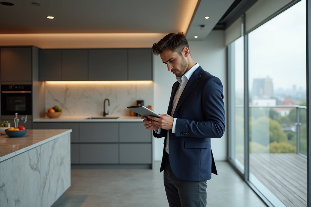 Jeune homme regardant une tablette dans la cuisine moderne