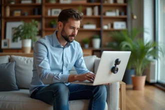 Jeune homme professionnel utilisant un ordinateur et une caméra 360° dans un salon moderne