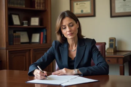 Notaire femme en bureau professionnel avec documents officiels