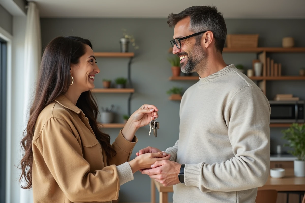 Jeune femme souriante remettant des clés à un homme dans un appartement moderne