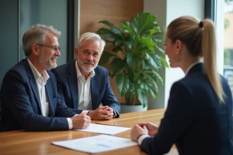 Agent immobilier à Lyon conseillant un couple dans un bureau moderne
