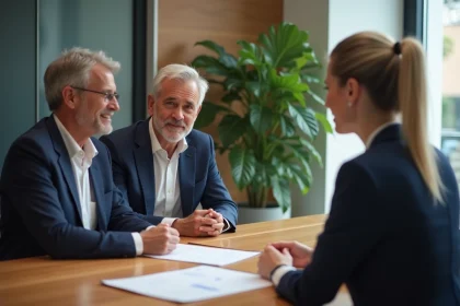 Agent immobilier à Lyon conseillant un couple dans un bureau moderne