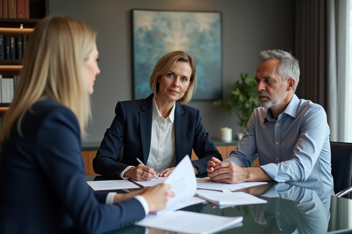 Avocate expliquant des papiers d héritage à un couple en bureau moderne