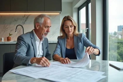 Couple d'adultes examinant des contrats dans une cuisine moderne