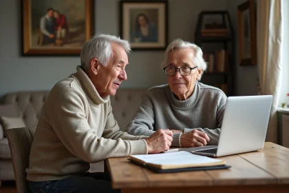Couple senior discutant autour d une table en salon chaleureux