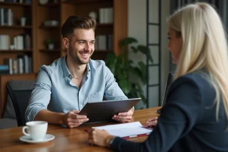 Jeune homme souriant remet un dossier à une femme dans un intérieur moderne