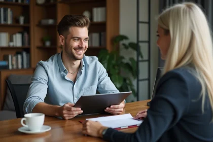 Jeune homme souriant remet un dossier à une femme dans un intérieur moderne