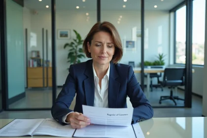 Femme d'âge moyen lisant un registre de copropriété dans un bureau lumineux