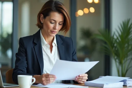 Femme d'âge moyen au bureau en pleine réflexion