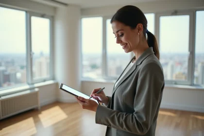 Femme en business casual inspectant un appartement lumineux