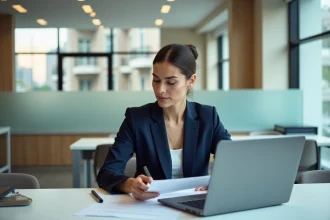 Femme professionnelle en costume bleu dans une banque moderne