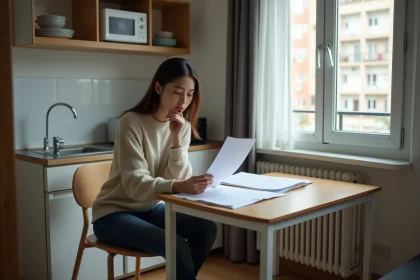 Jeune femme dans un studio lisant des documents officiels
