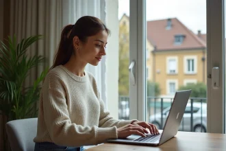 Femme travaillant sur un laptop dans une maison en Île-de-France