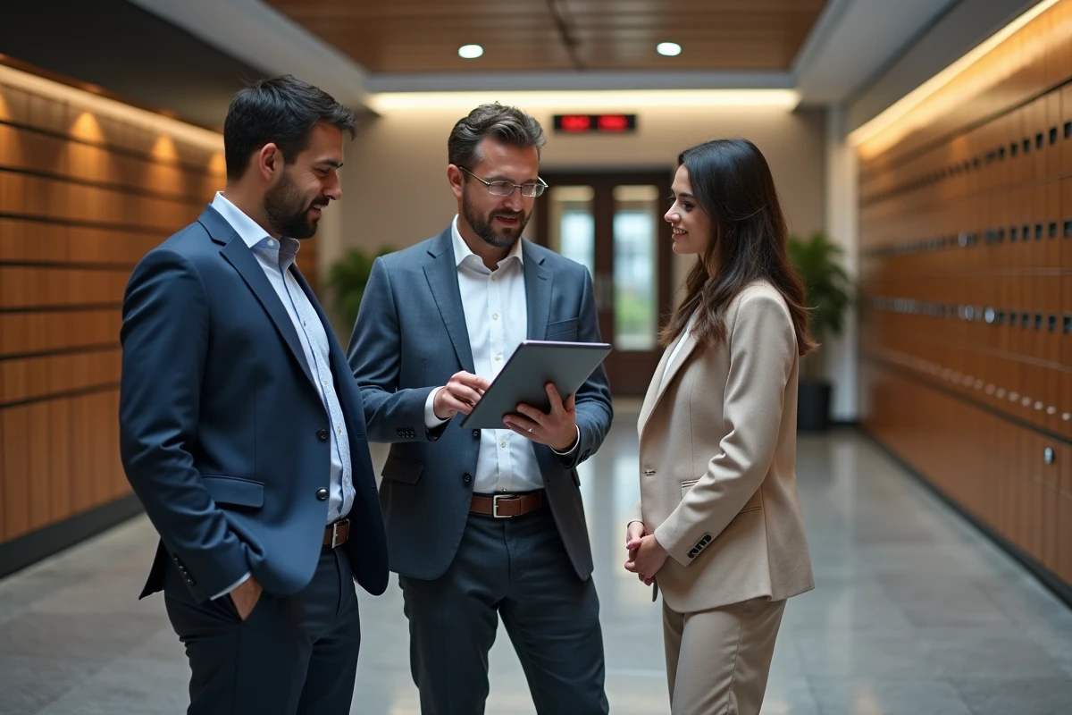 Groupe de personnes discutant avec une tablette dans un hall moderne d