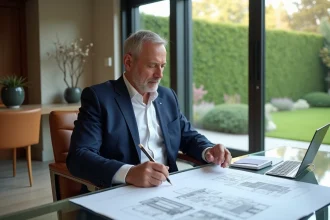 Homme en costume bleu examinant des plans dans un bureau moderne
