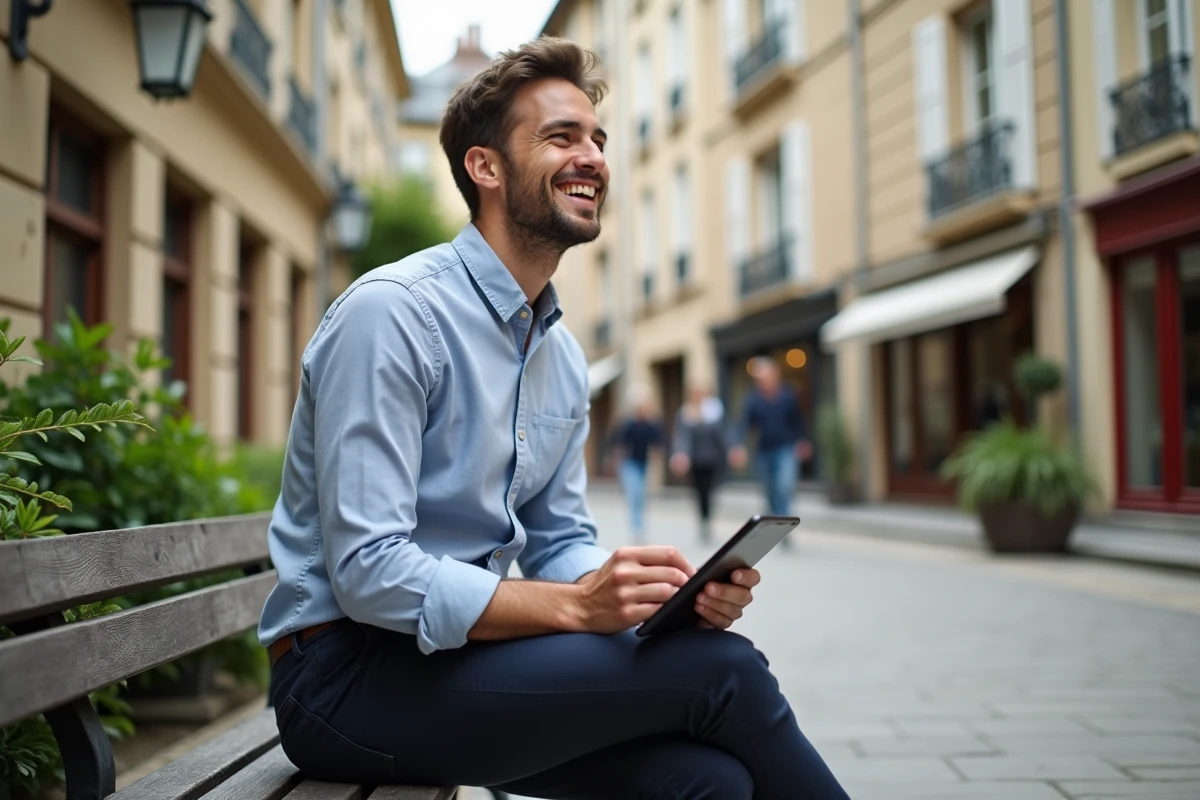 Homme assis sur un banc dans une place urbaine en Île-de-France