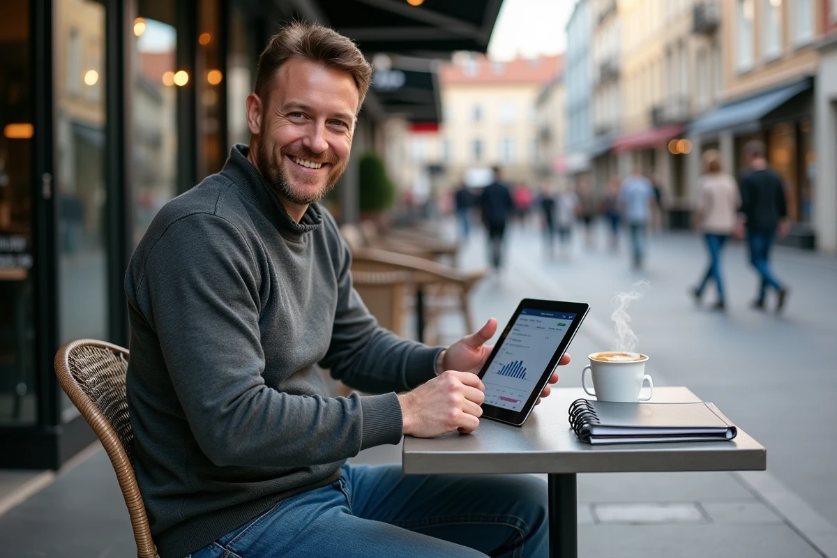 Homme détendu travaillant sur une tablette en terrasse