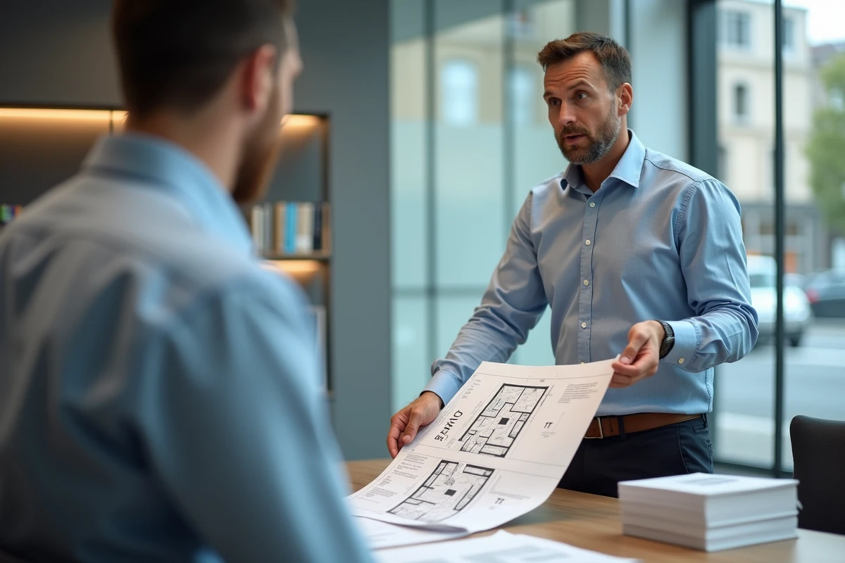 Agent immobilier montrant un plan T1 lors d