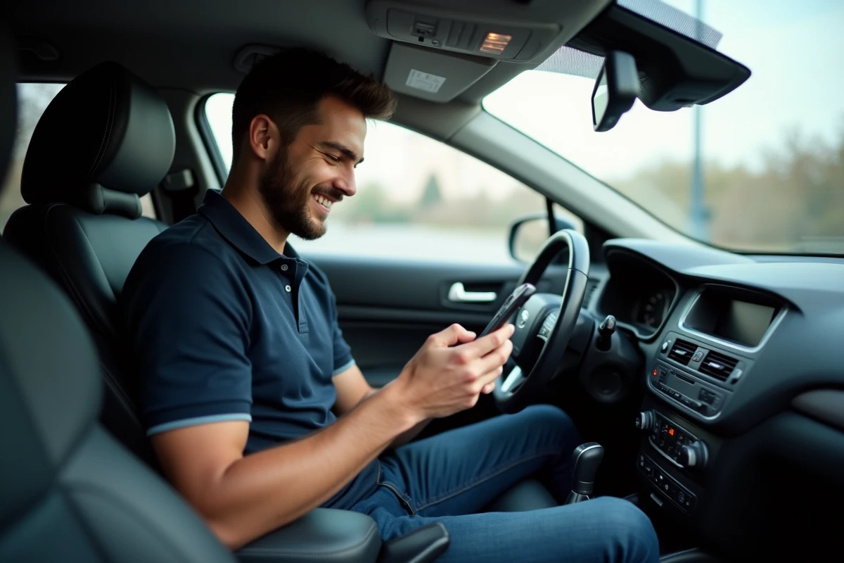 Jeune homme vérifiant une liste dans une voiture