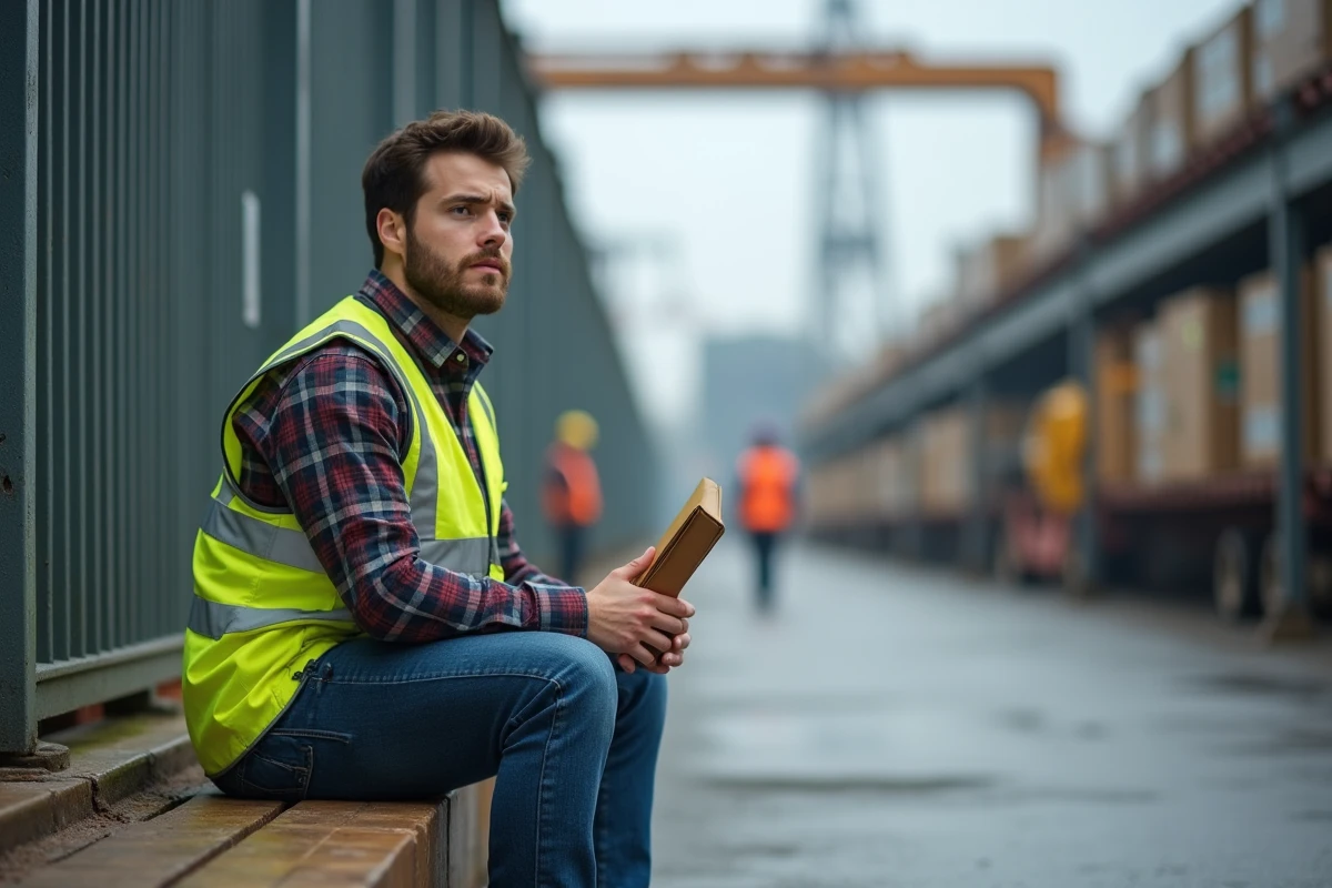 Jeune homme avec gilet réfléchissant dans une zone industrielle