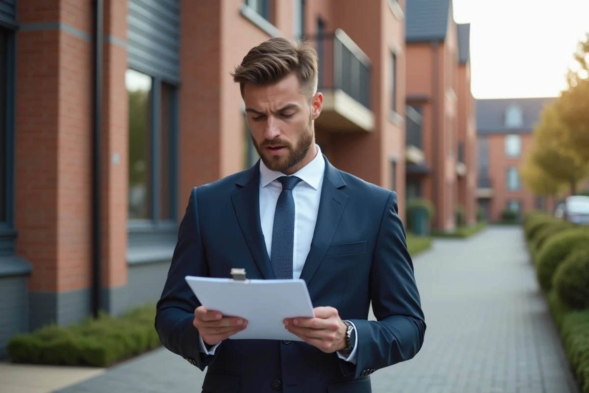 Jeune homme en costume regardant un dossier devant un bâtiment neuf