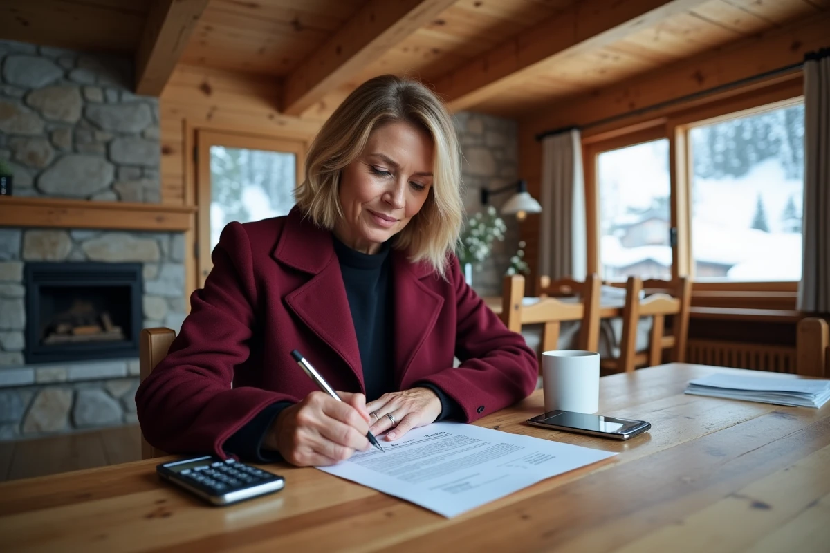 Femme seule analysant un contrat de vente immobilière dans un appartement de montagne aux Menuires