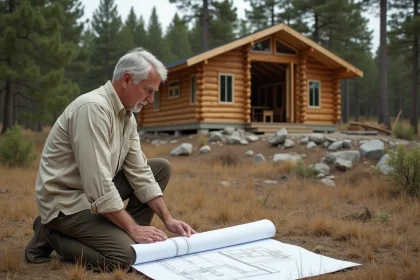Architecte examinant des plans de construction dans une zone naturelle boisée avec une structure en bois en arrière-plan