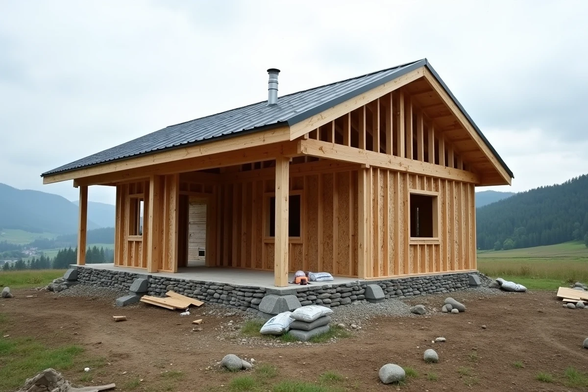 Maison en bois en cours de construction dans un paysage naturel ouvert avec collines boisées en arrière-plan