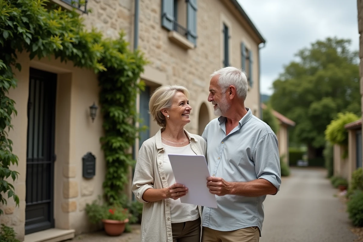 Couple devant leur maison en pierre envisageant une donation immobilière gratuite