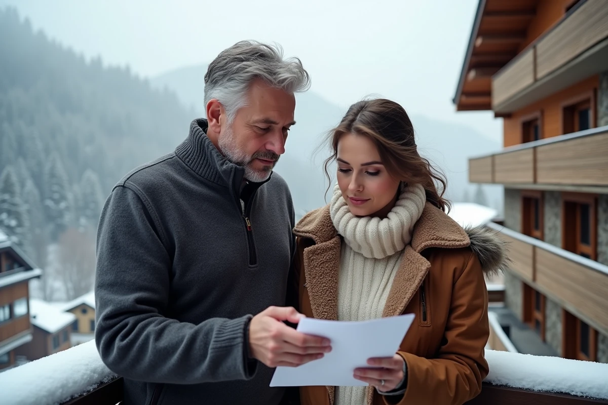 Couple examinant une offre d'achat pour un appartement en station de ski dans les Alpes françaises