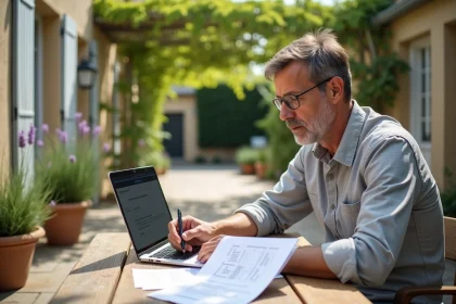 Propriétaire consultant sa déclaration de taxe foncière sur une terrasse en pierre de maison française
