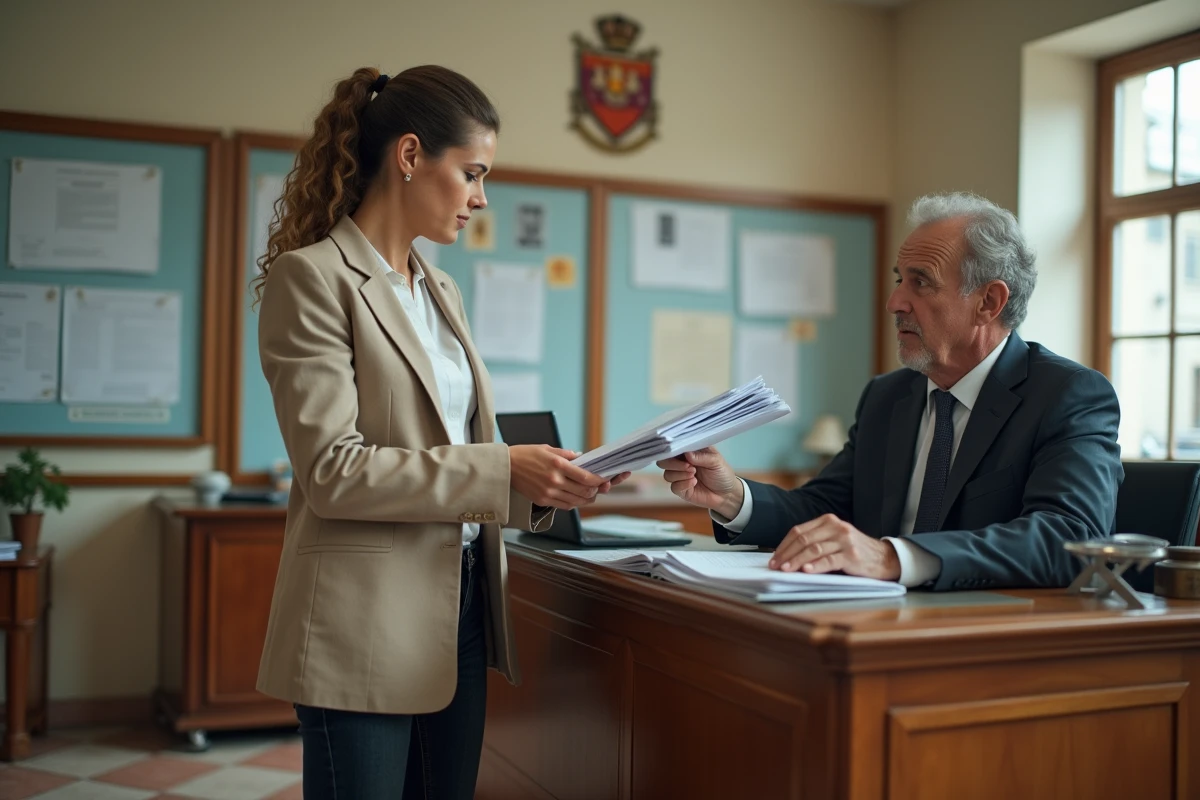 Femme déposant un dossier de candidature auprès d'un agent municipal pour l'achat d'un manoir à un euro symbolique dans une mairie française