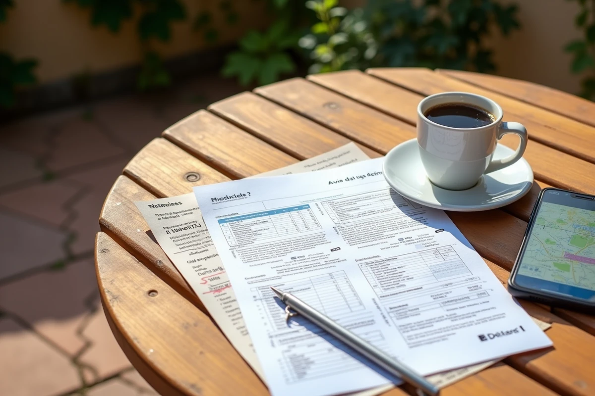 Documents de taxe foncière et calculatrice sur une table de terrasse en carrelage ancien pour estimation fiscale