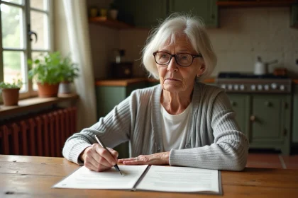 Femme âgée examinant des documents juridiques pour la donation de sa maison à titre gratuit