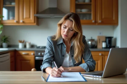 Femme d'âge moyen étudie un contrat immobilier à la maison