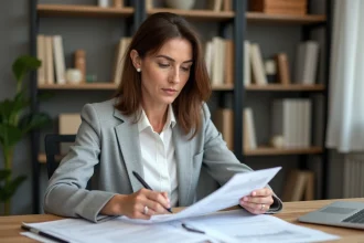 Femme examinant des justificatifs de revenus et une lettre de garant posés sur un bureau en bois dans un bureau à domicile moderne