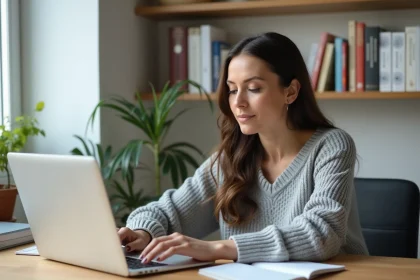 Femme consultant une plateforme d'accompagnement en ligne sur son ordinateur portable dans un bureau à domicile