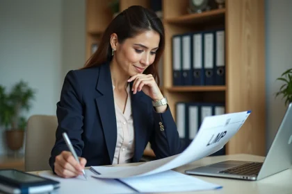 Femme professionnelle en bureau avec documents LMNP et LMP