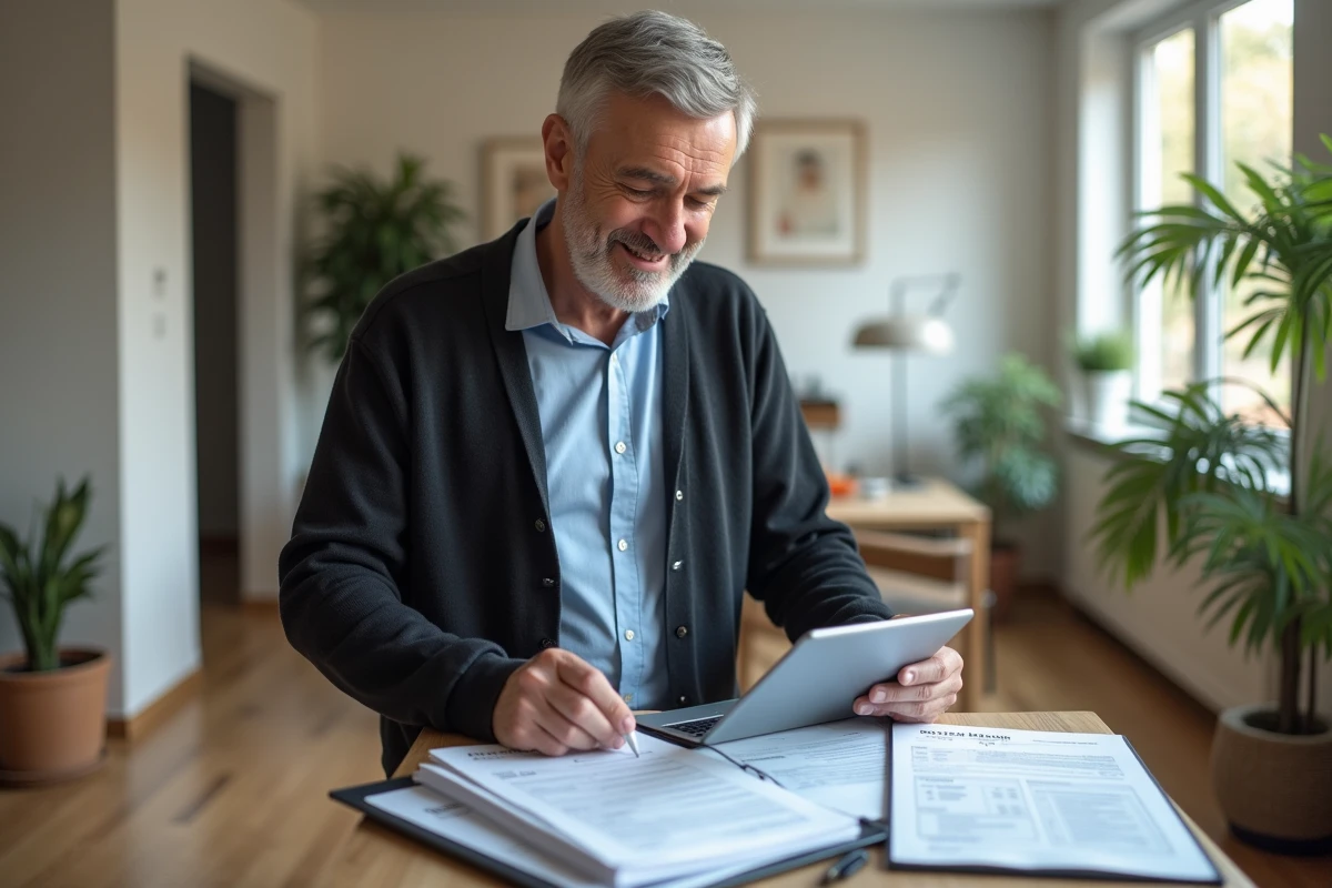 Homme examine dossiers immobiliers dans un appartement lumineux