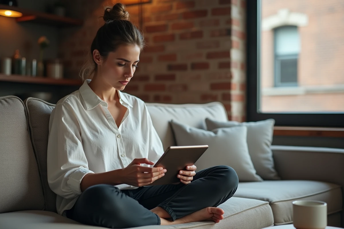 Jeune femme lisant des avis sur une plateforme d'accompagnement en ligne depuis une tablette dans un salon