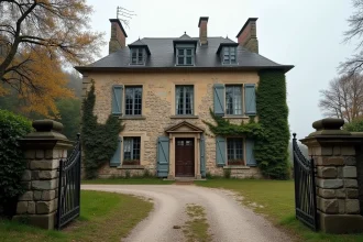 Manoir ancien en pierre à vendre pour un euro symbolique, façade avec volets en bois et portail en fer forgé, entouré d'arbres en automne